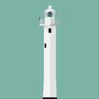 Contemporary graphic illustration of Inishtrahull lighthouse on a white background inside light blue square.