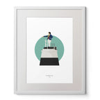 Contemporary graphic illustration of the Metal Man lighthouse on a white background inside light blue square,  in a white frame measuring 40x50cm.