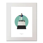 Contemporary graphic illustration of the Metal Man lighthouse on a white background inside light blue square, mounted and measuring 40x50cm.