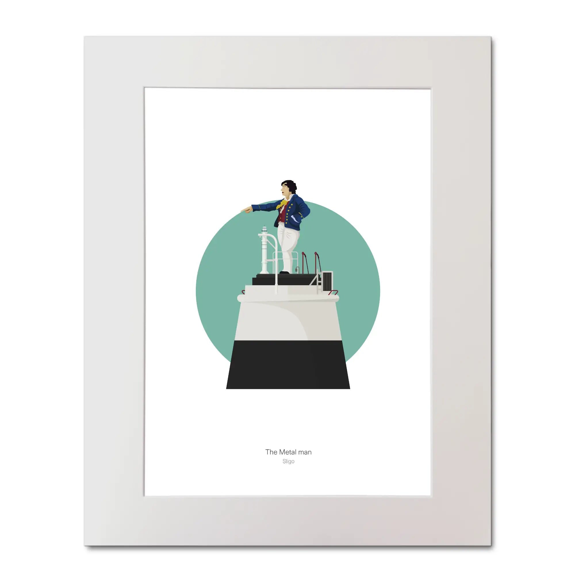Contemporary graphic illustration of the Metal Man lighthouse on a white background inside light blue square, mounted and measuring 40x50cm.