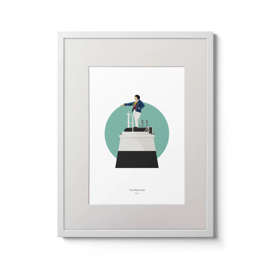 Contemporary graphic illustration of the Metal Man lighthouse on a white background inside light blue square,  in a white frame measuring 15x20cm.