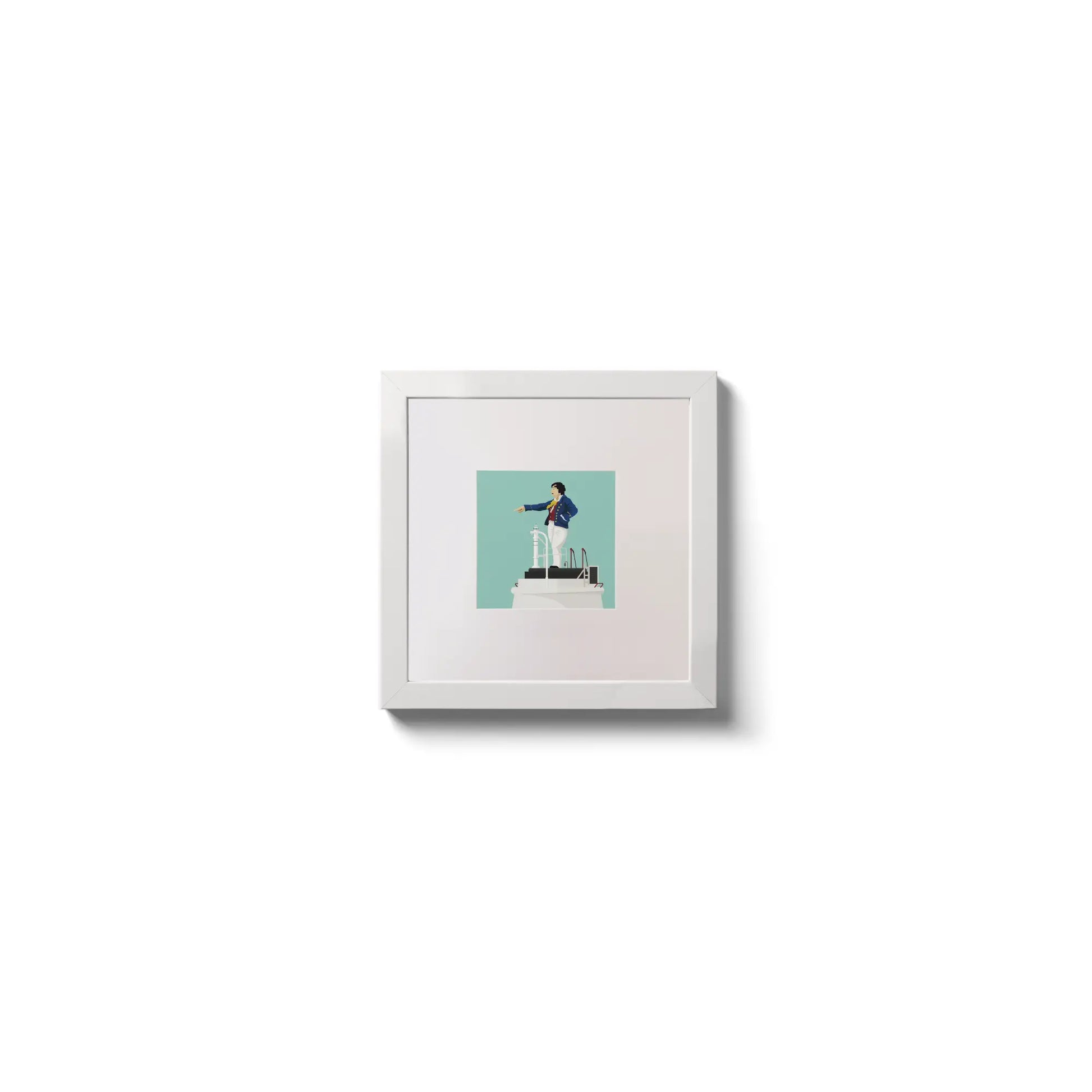 Illustration of Metal Man lighthouse on an ocean green background,  in a white square frame measuring 10x10cm.