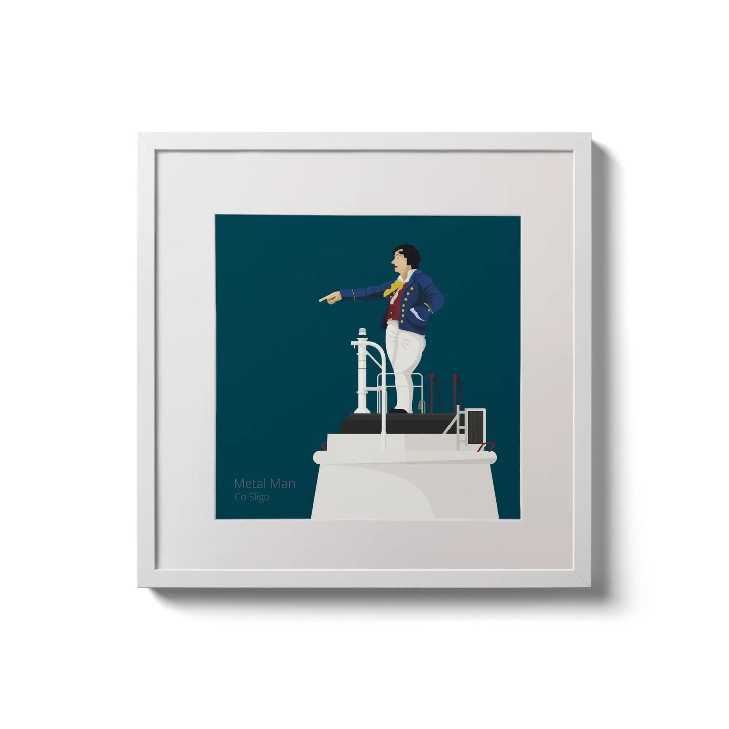 Illustration of Metal Man lighthouse on a midnight blue background,  in a white square frame measuring 20x20cm.