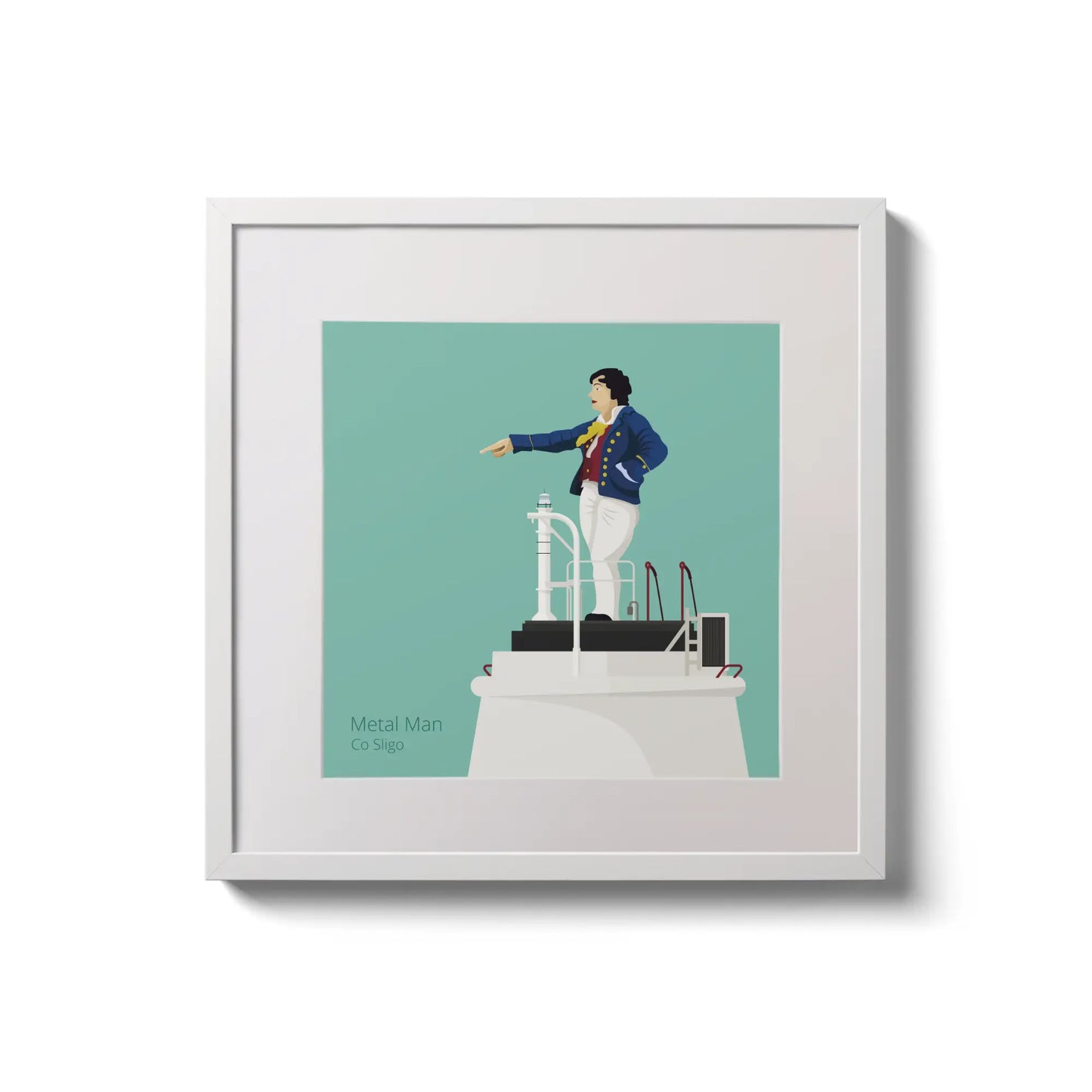 Illustration of Metal Man lighthouse on an ocean green background,  in a white square frame measuring 20x20cm.