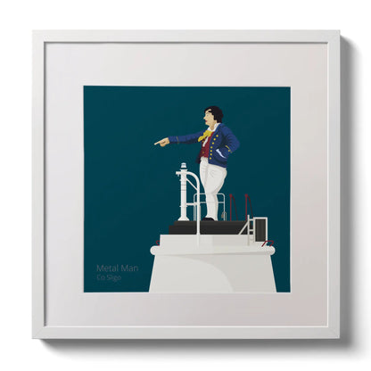 Illustration of Metal Man lighthouse on a midnight blue background,  in a white square frame measuring 30x30cm.