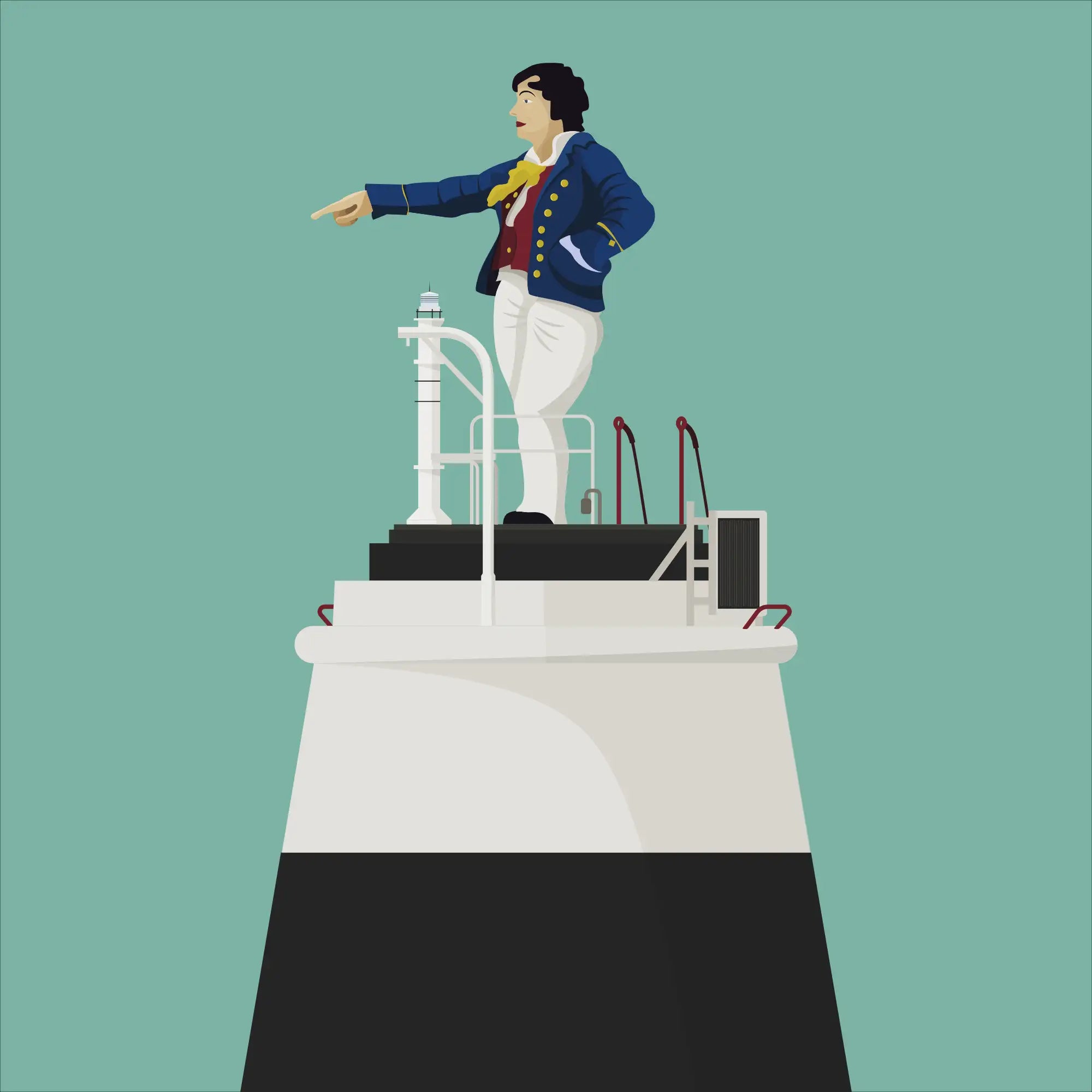 Contemporary graphic illustration of the Metal Man lighthouse on a white background inside light blue square.