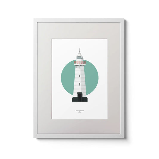 Contemporary graphic illustration of Donaghadee lighthouse on a white background inside light blue square,  in a white frame measuring 30x40cm.