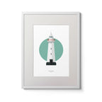 Contemporary graphic illustration of Donaghadee lighthouse on a white background inside light blue square,  in a white frame measuring 30x40cm.