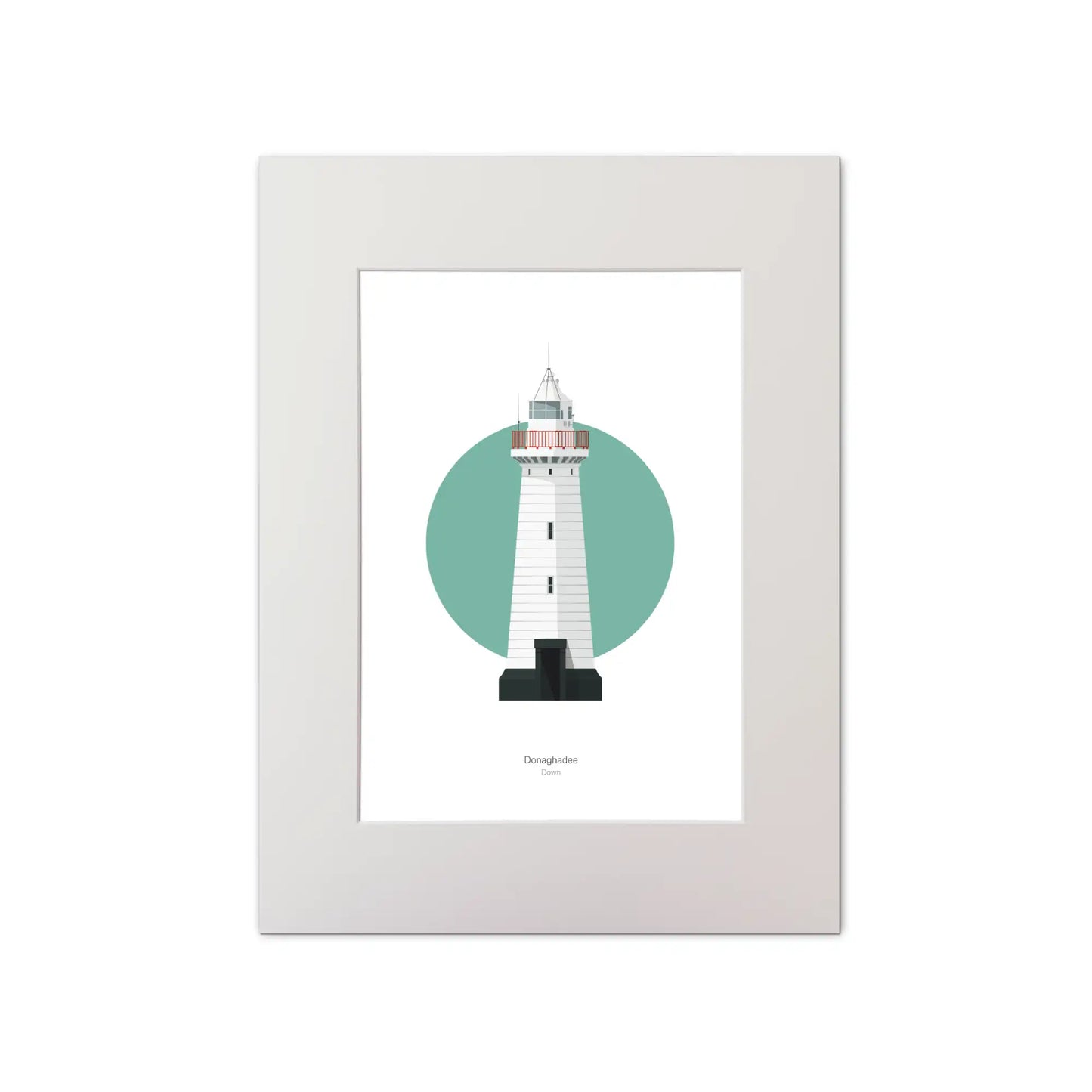Contemporary graphic illustration of Donaghadee lighthouse on a white background inside light blue square, mounted and measuring 30x40cm.