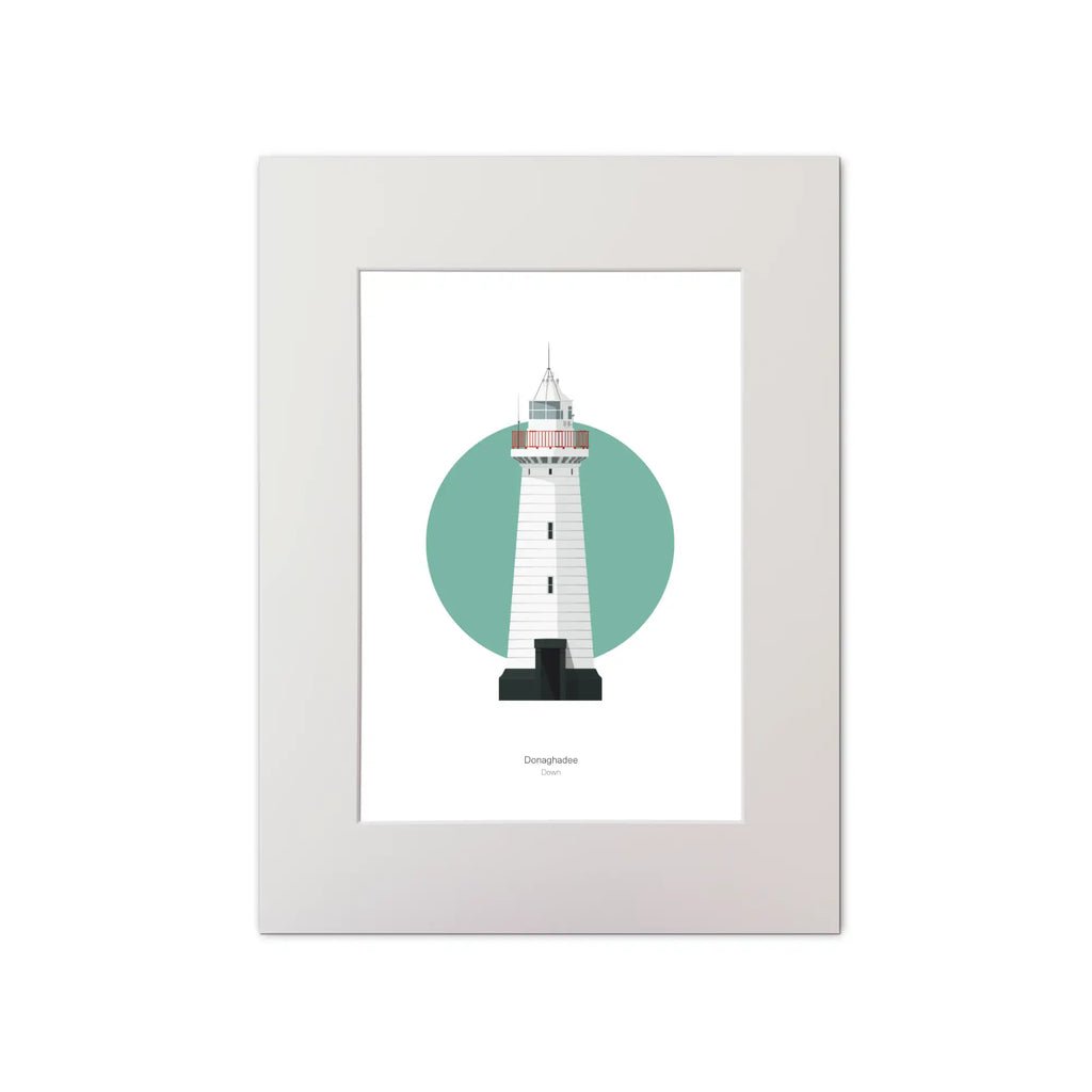 Contemporary graphic illustration of Donaghadee lighthouse on a white background inside light blue square, mounted and measuring 30x40cm.