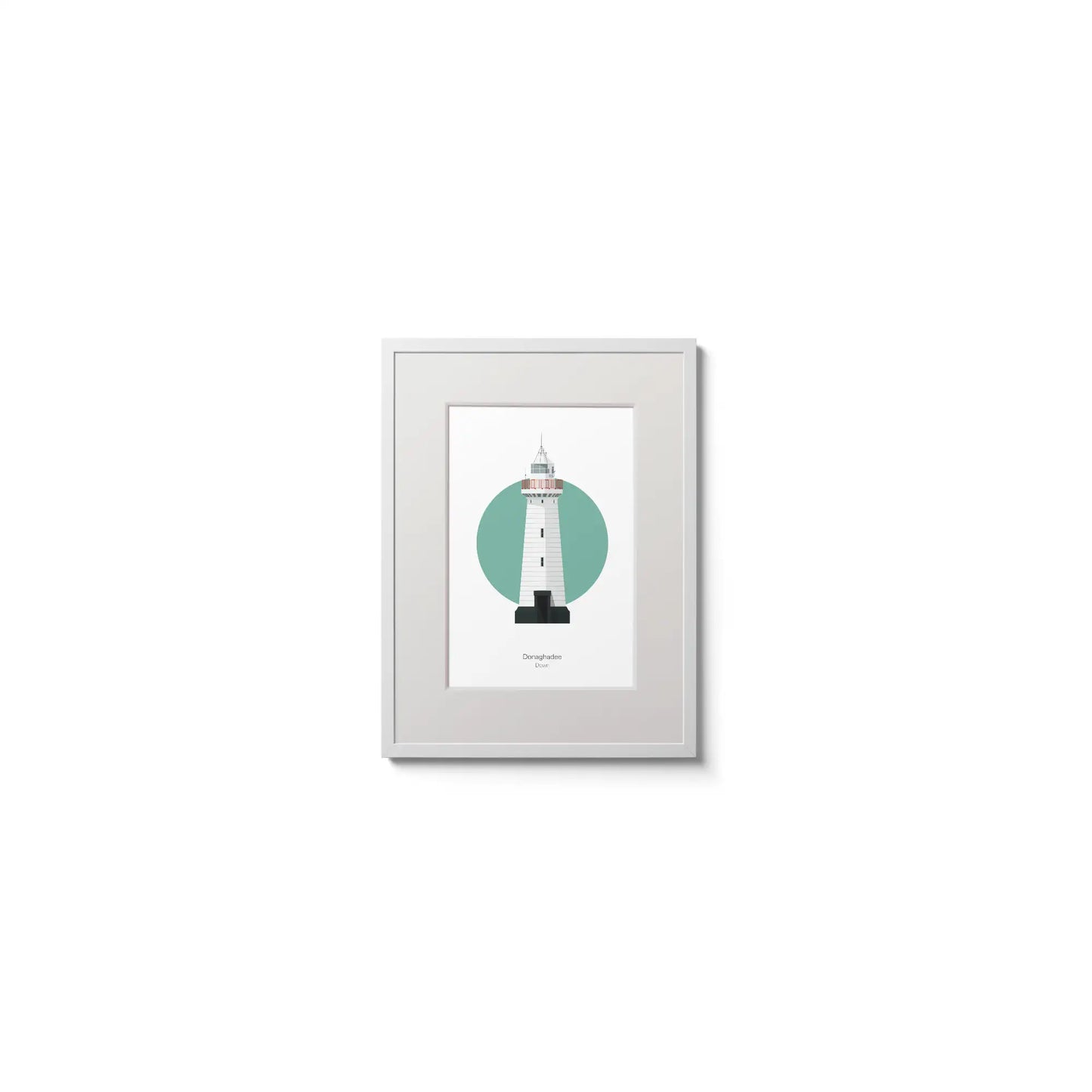 Contemporary graphic illustration of Donaghadee lighthouse on a white background inside light blue square,  in a white frame measuring 15x20cm.