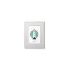Contemporary graphic illustration of Donaghadee lighthouse on a white background inside light blue square,  in a white frame measuring 15x20cm.