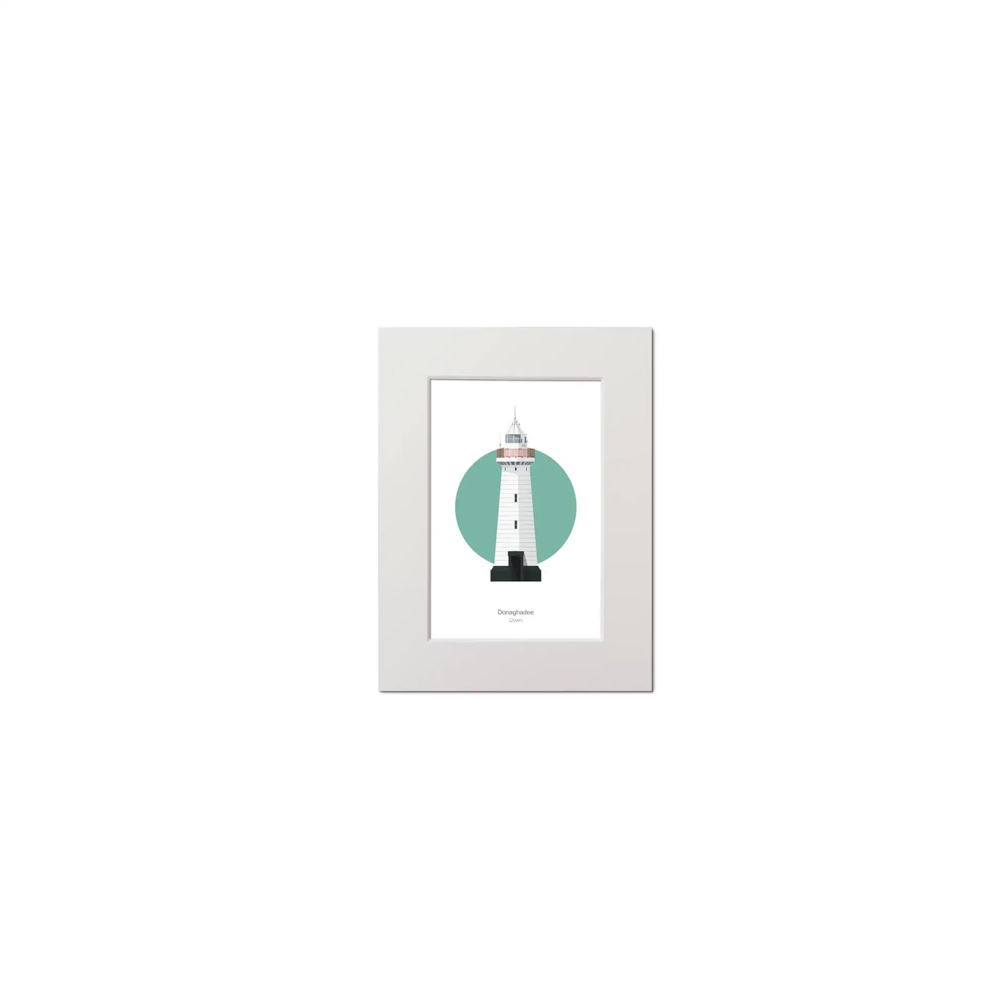 Contemporary graphic illustration of Donaghadee lighthouse on a white background inside light blue square, mounted and measuring 15x20cm.