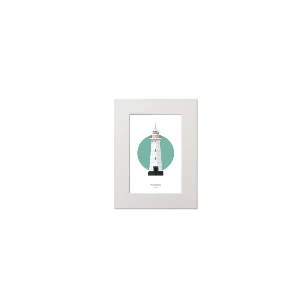 Contemporary graphic illustration of Donaghadee lighthouse on a white background inside light blue square, mounted and measuring 15x20cm.