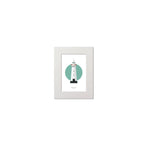 Contemporary graphic illustration of Donaghadee lighthouse on a white background inside light blue square, mounted and measuring 15x20cm.