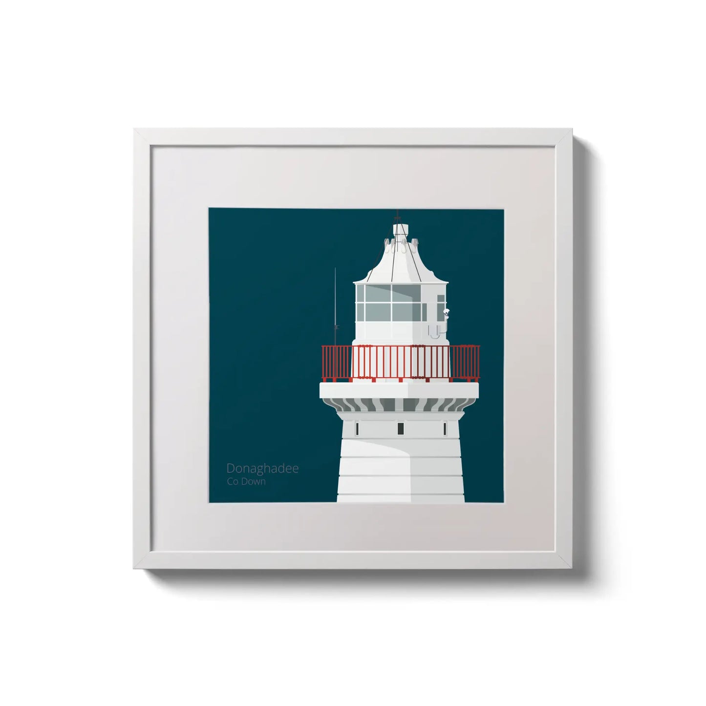 Illustration of Donaghadee lighthouse on a midnight blue background,  in a white square frame measuring 20x20cm.