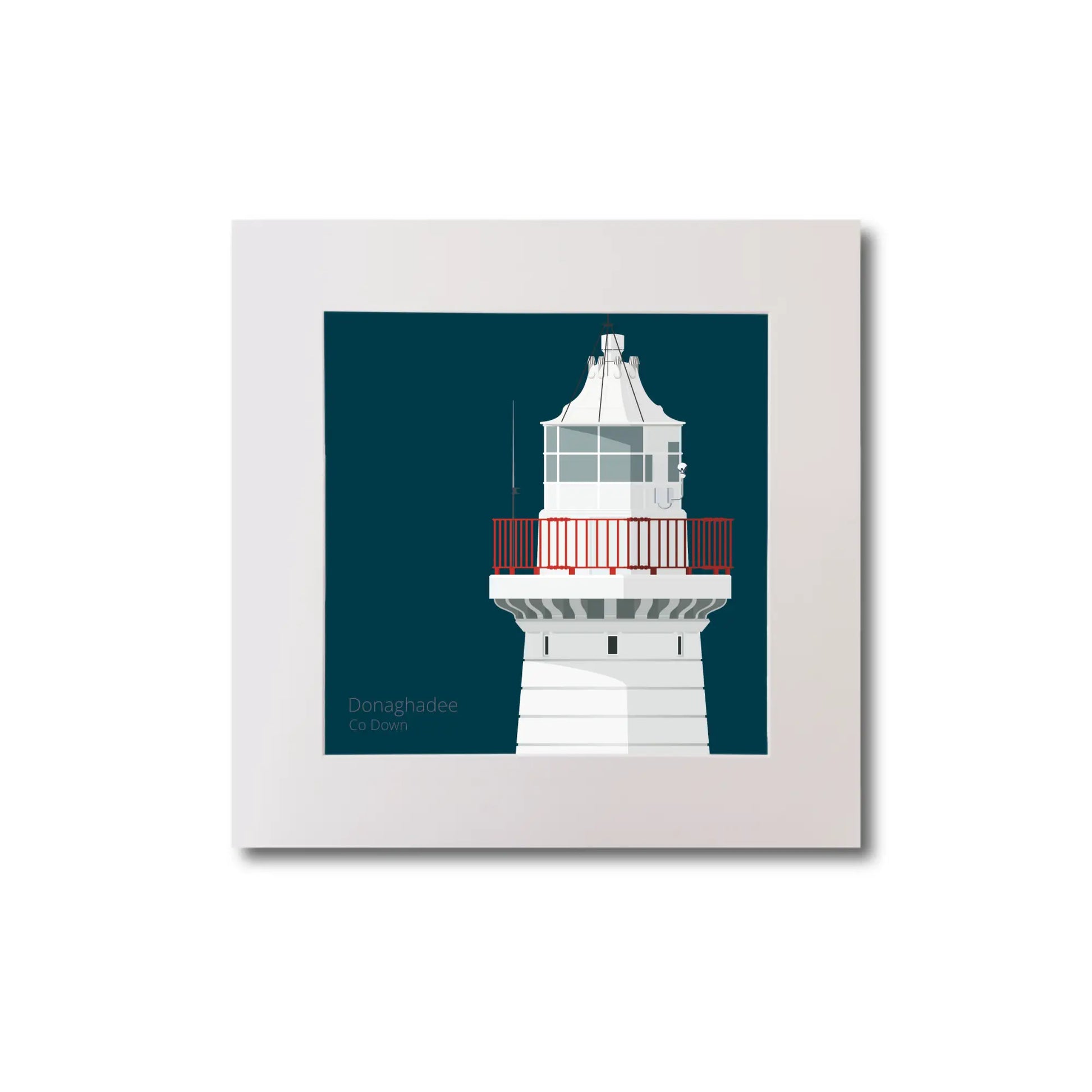 Illustration of Donaghadee lighthouse on a midnight blue background, mounted and measuring 20x20cm.