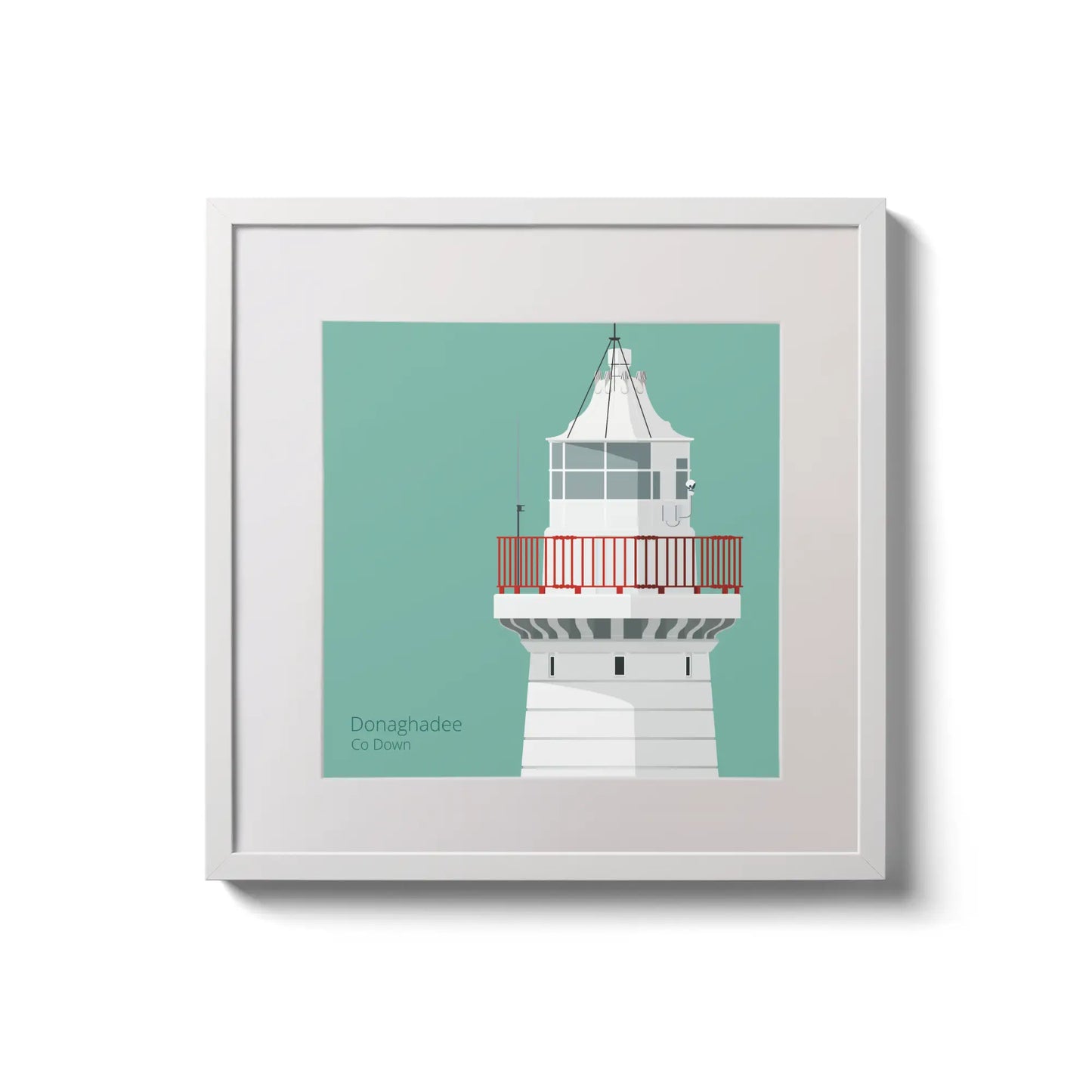 Illustration of Donaghadee lighthouse on an ocean green background,  in a white square frame measuring 20x20cm.