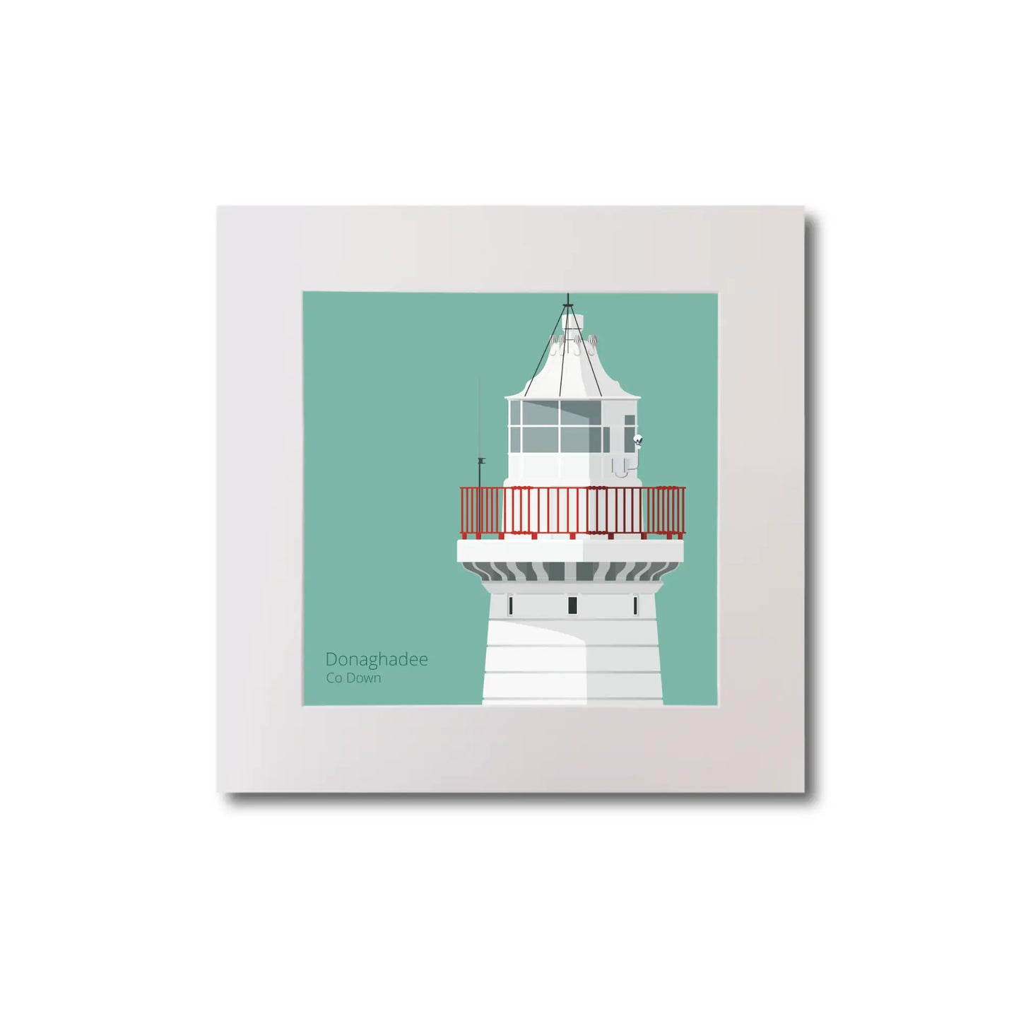 Illustration of Donaghadee lighthouse on an ocean green background, mounted and measuring 20x20cm.