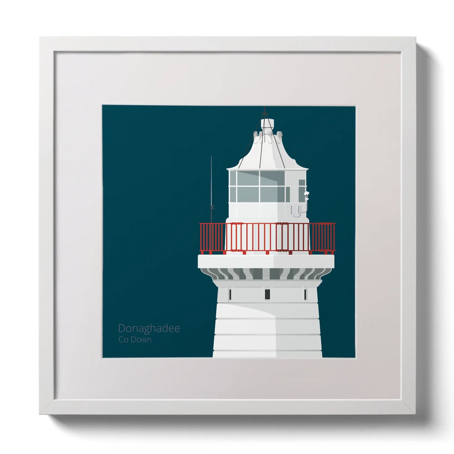 Illustration of Donaghadee lighthouse on a midnight blue background,  in a white square frame measuring 30x30cm.