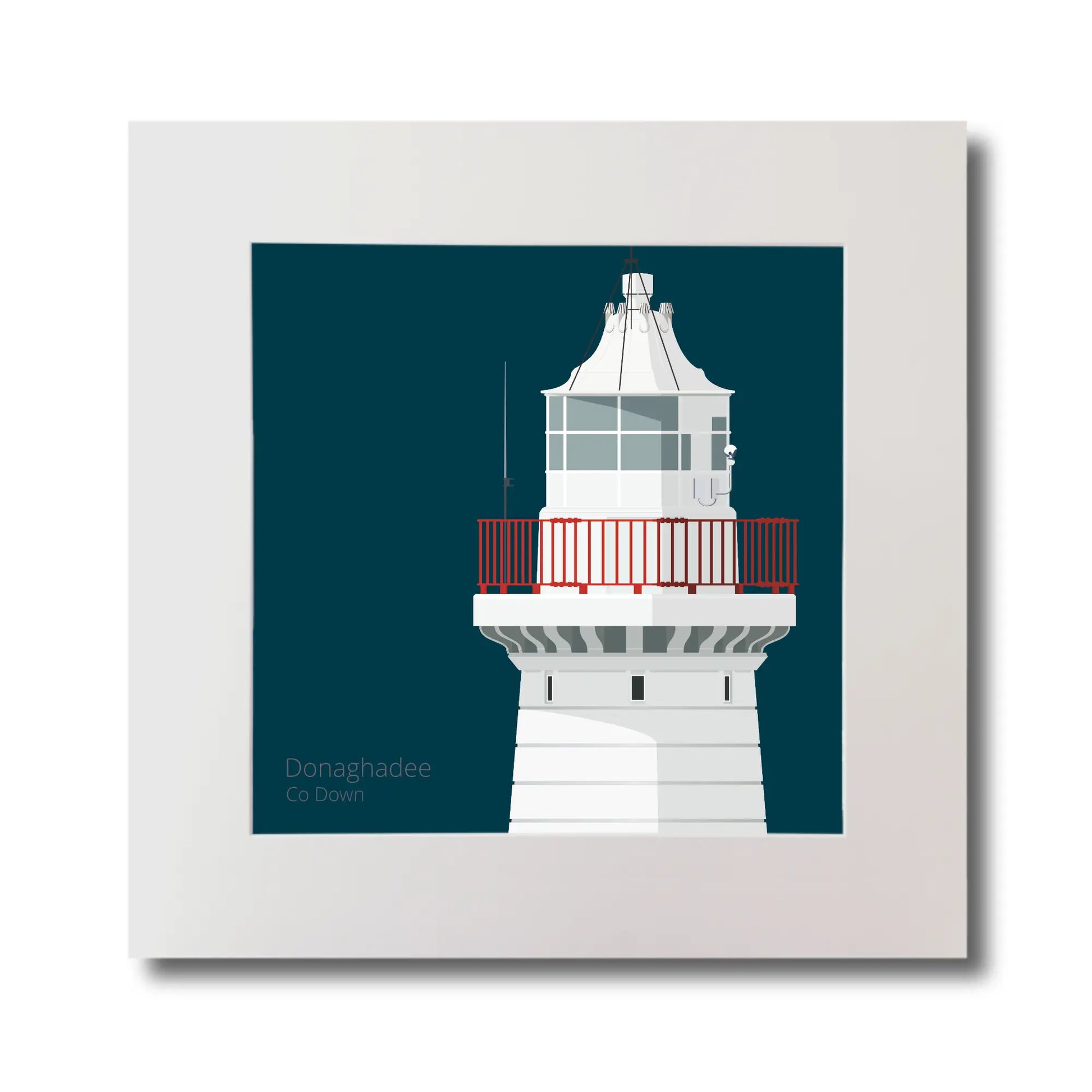 Illustration of Donaghadee lighthouse on a midnight blue background, mounted and measuring 30x30cm.