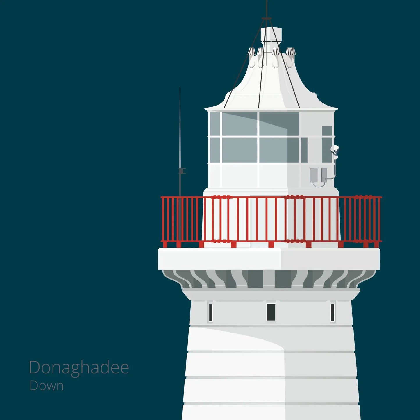 Illustration of Donaghadee lighthouse on a midnight blue background