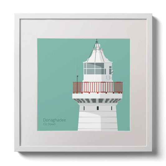 Illustration of Donaghadee lighthouse on an ocean green background,  in a white square frame measuring 30x30cm.