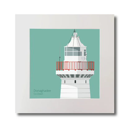 Illustration of Donaghadee lighthouse on an ocean green background, mounted and measuring 30x30cm.