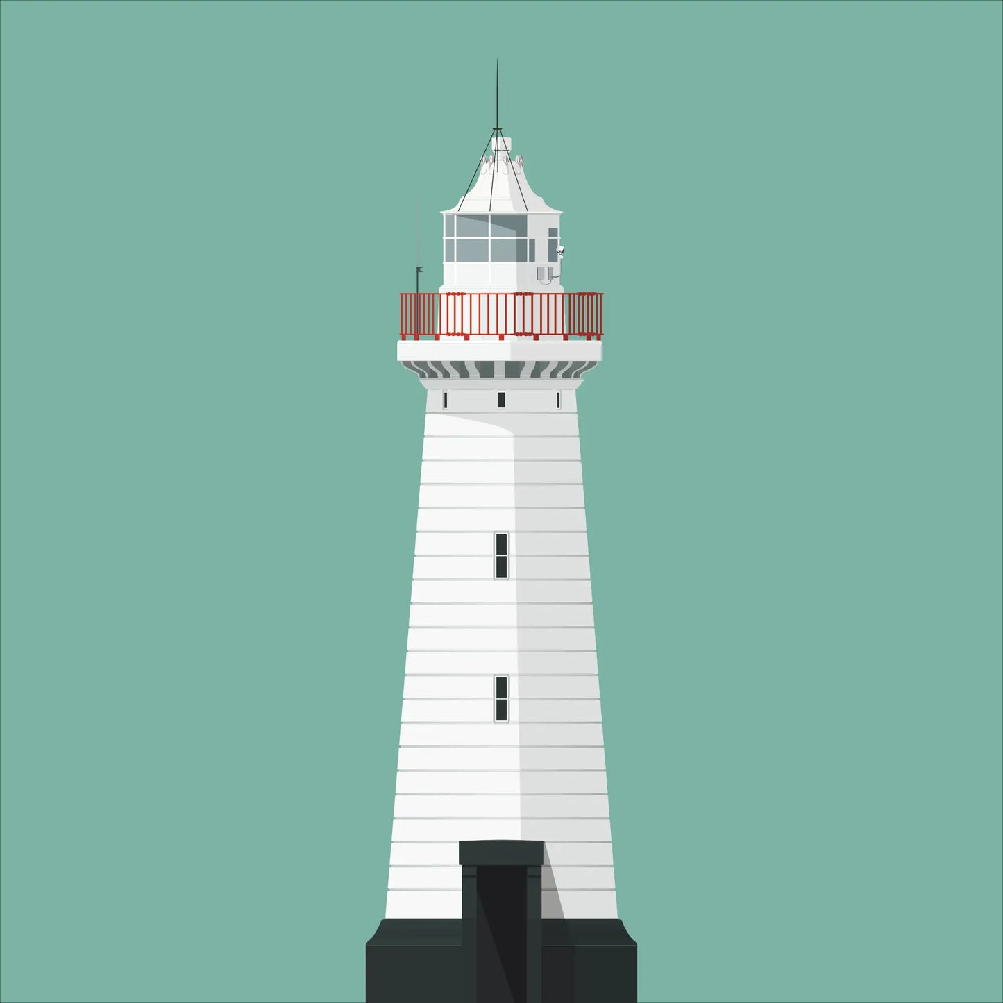 Contemporary graphic illustration of Donaghadee lighthouse on a white background inside light blue square.