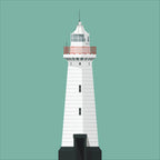 Contemporary graphic illustration of Donaghadee lighthouse on a white background inside light blue square.