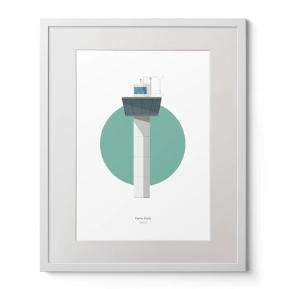 Contemporary art print of Ferris Point lighthouse on a white background inside light blue square,  in a white frame measuring 40x50cm.