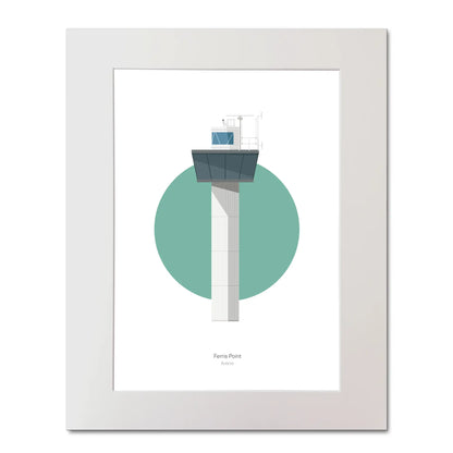 Contemporary illustration of Ferris Point lighthouse on a white background inside light blue square, mounted and measuring 40x50cm.