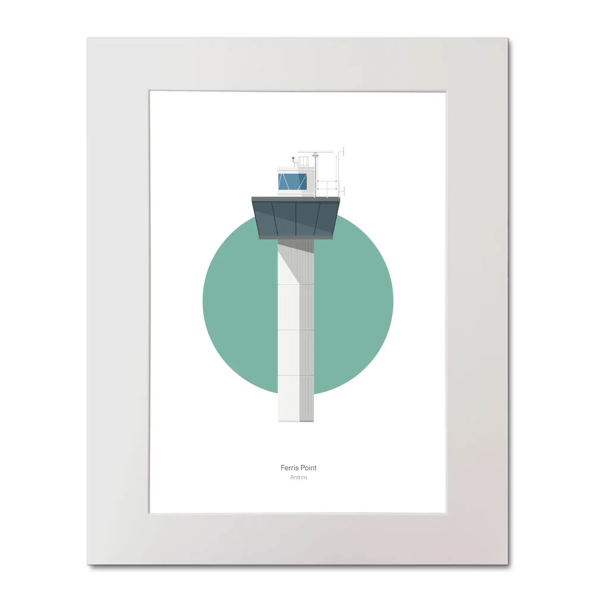 Contemporary illustration of Ferris Point lighthouse on a white background inside light blue square, mounted and measuring 40x50cm.