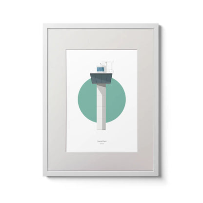 Contemporary graphic illustration of Ferris Point lighthouse on a white background inside light blue square,  in a white frame measuring 30x40cm.