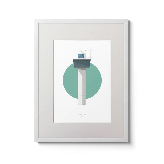Contemporary graphic illustration of Ferris Point lighthouse on a white background inside light blue square,  in a white frame measuring 30x40cm.