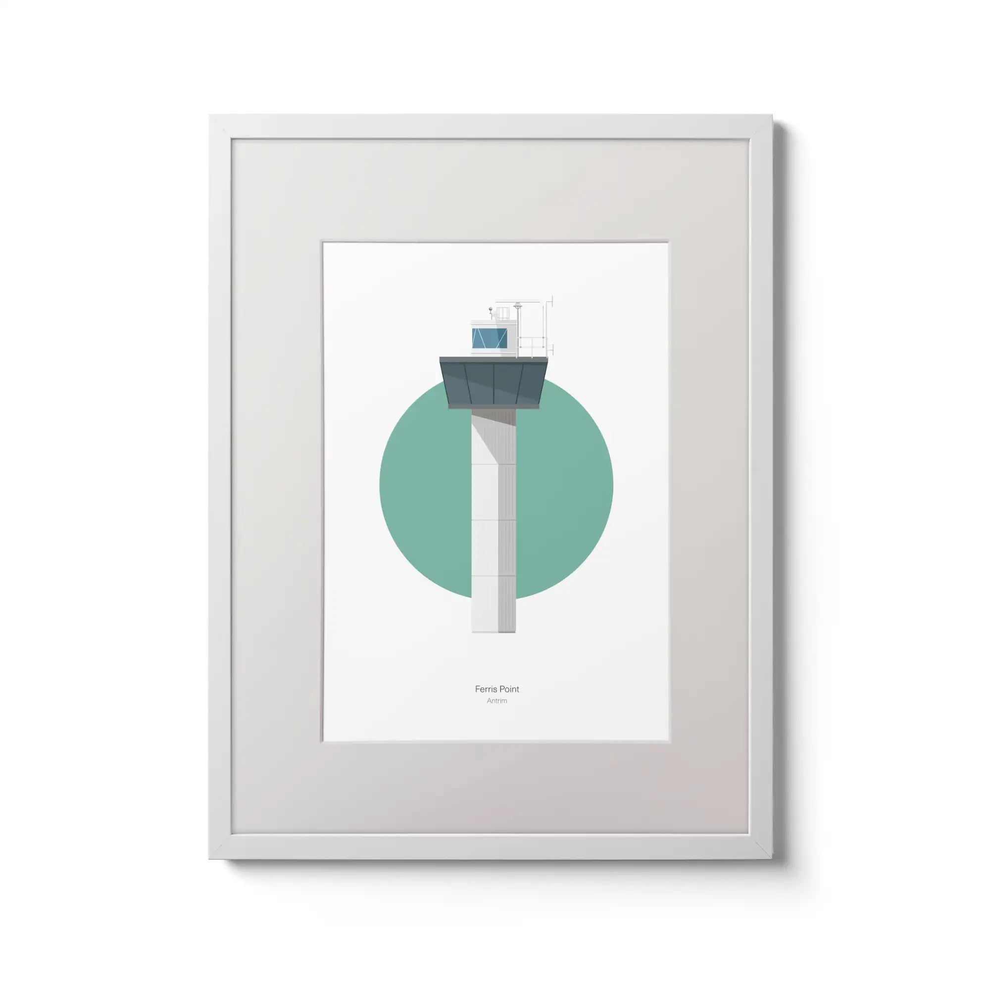 Contemporary graphic illustration of Ferris Point lighthouse on a white background inside light blue square,  in a white frame measuring 30x40cm.