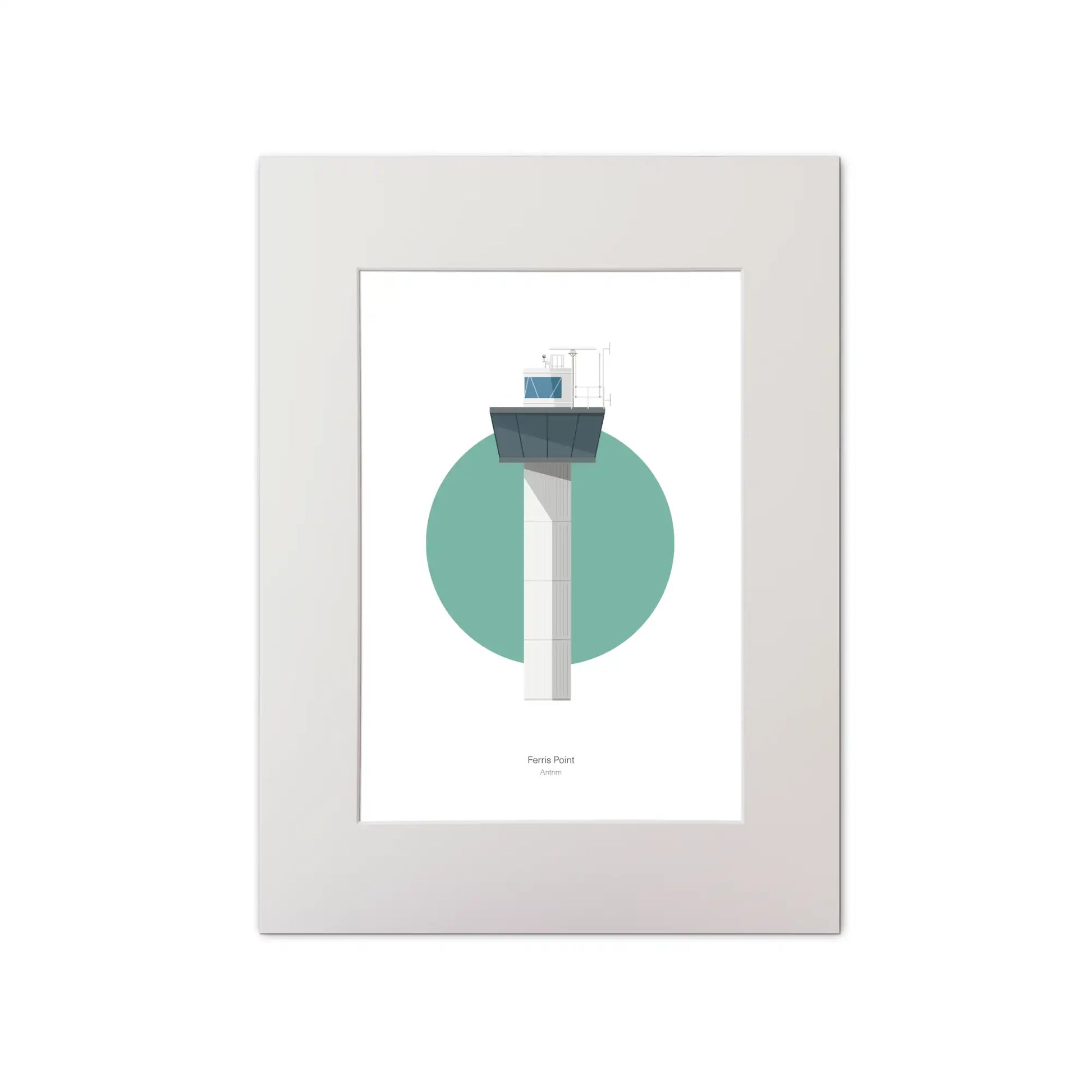 Contemporary graphic illustration of Ferris Point lighthouse on a white background inside light blue square, mounted and measuring 30x40cm.