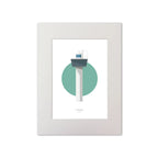 Contemporary graphic illustration of Ferris Point lighthouse on a white background inside light blue square, mounted and measuring 30x40cm.
