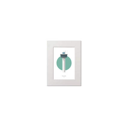 Contemporary graphic illustration of Ferris Point lighthouse on a white background inside light blue square, mounted and measuring 15x20cm.