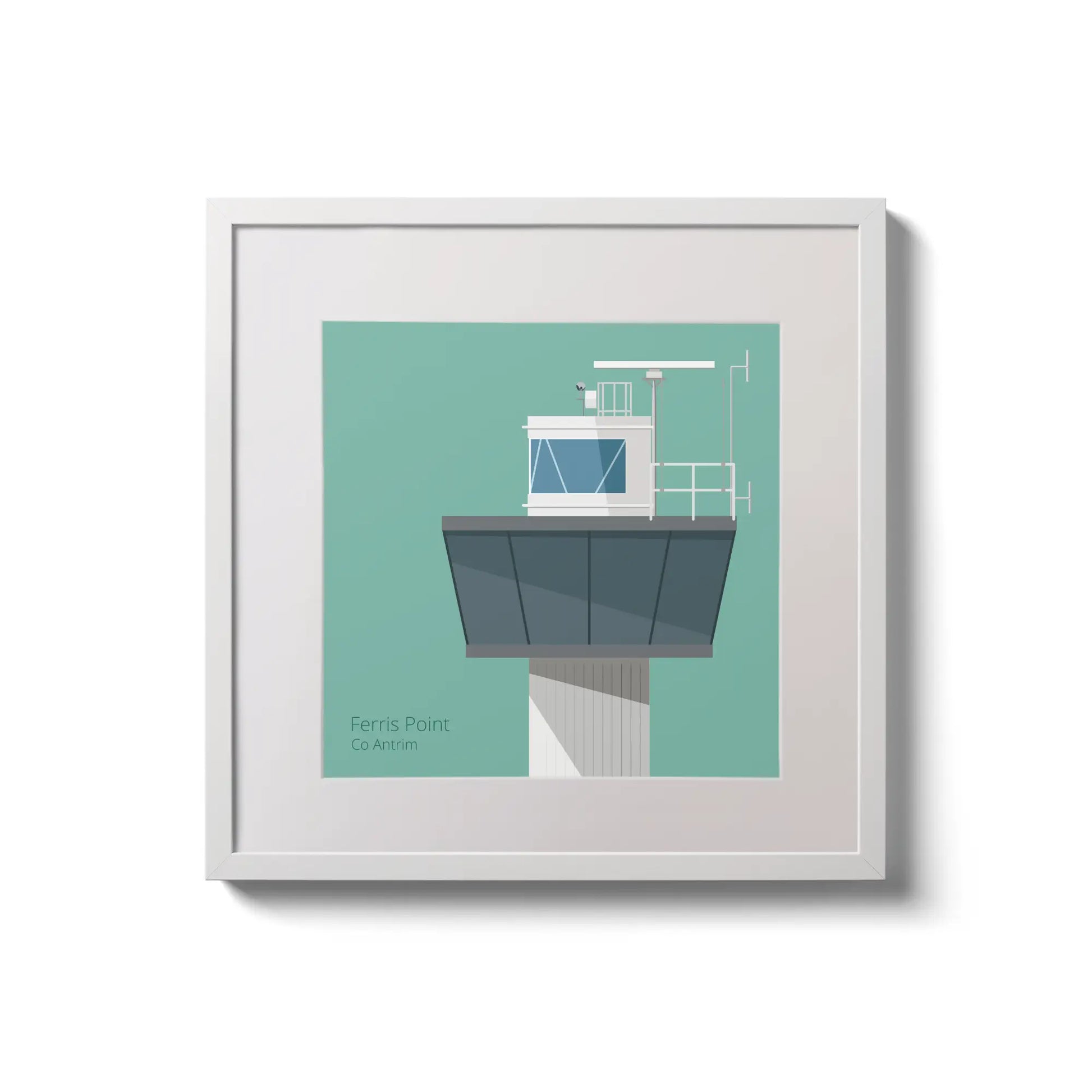 Contemporary wall hanging of Ferris Point lighthouse on an ocean green background,  in a white square frame measuring 20x20cm.