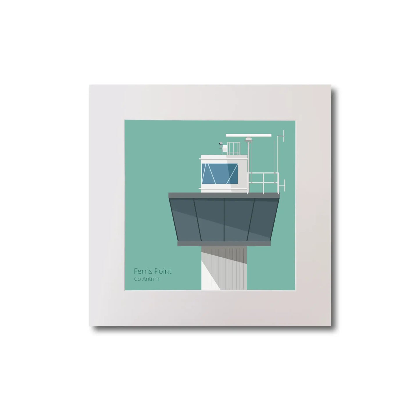 Illustration of Ferris_Point lighthouse on an ocean green background, mounted and measuring 20x20cm.
