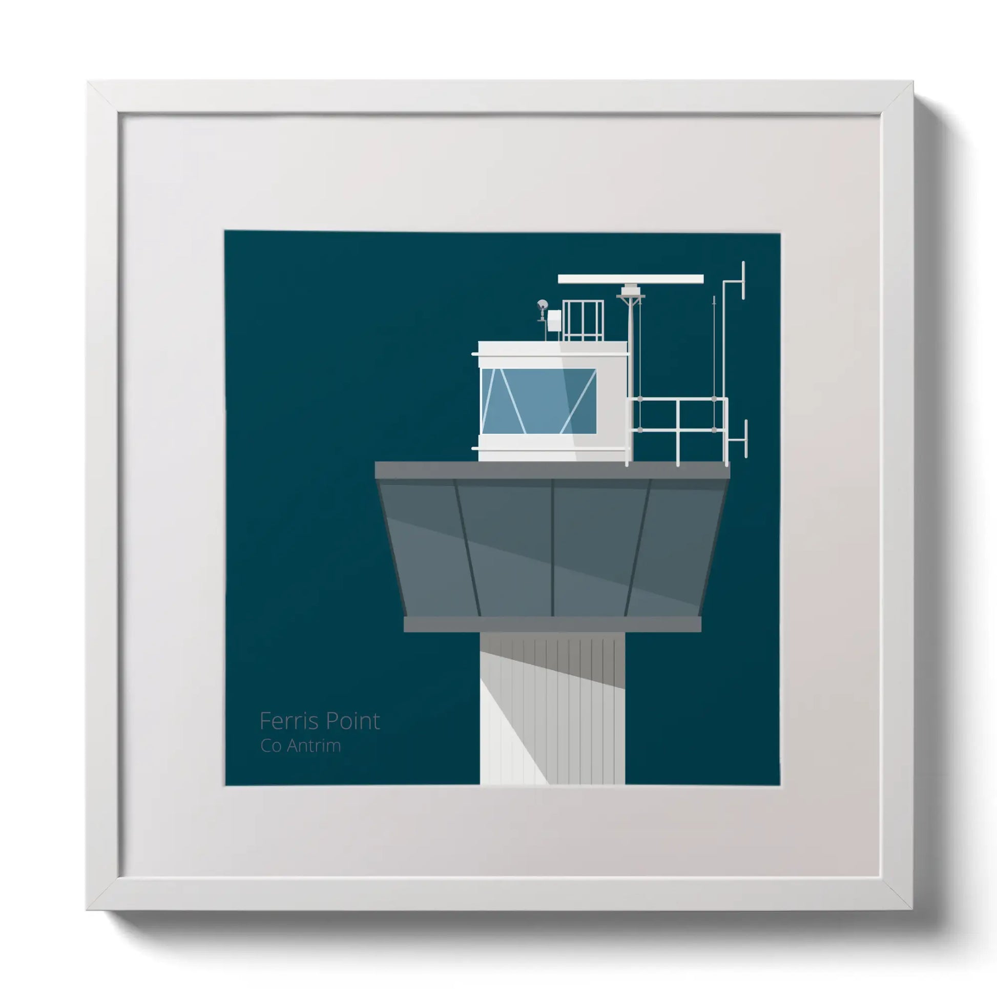Illustration of Ferris Point lighthouse on a midnight blue background,  in a white square frame measuring 30x30cm.