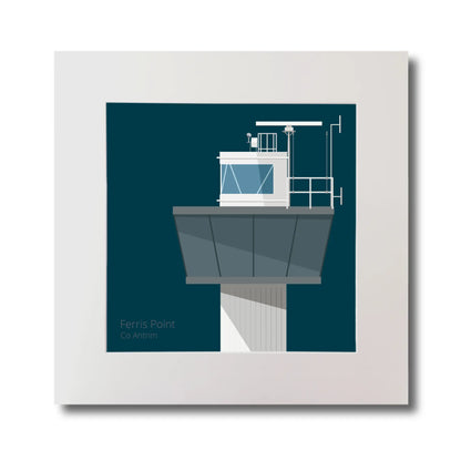 Illustration of Ferris Point lighthouse on a midnight blue background, mounted and measuring 30x30cm.