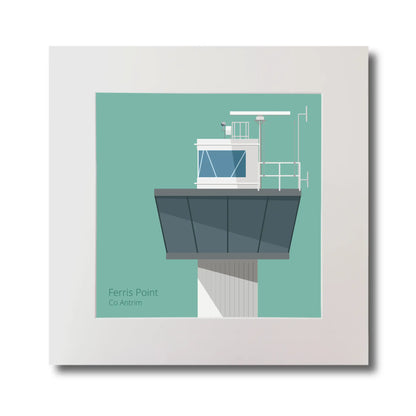 Illustration of Ferris Point lighthouse on an ocean green background, mounted and measuring 30x30cm.