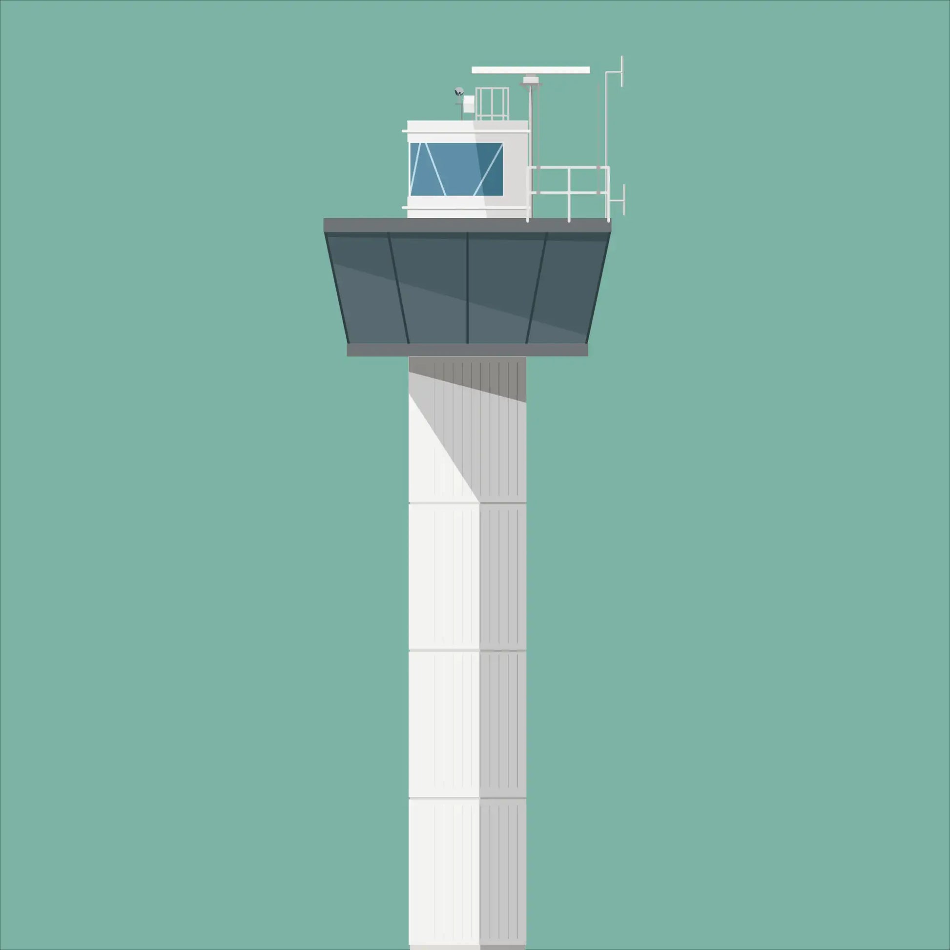 Contemporary graphic illustration of Ferris Point lighthouse on a white background inside light blue square.