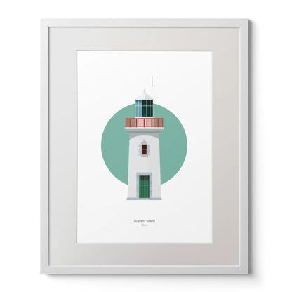 Contemporary art print of Scattery Island lighthouse on a white background inside light blue square,  in a white frame measuring 40x50cm.