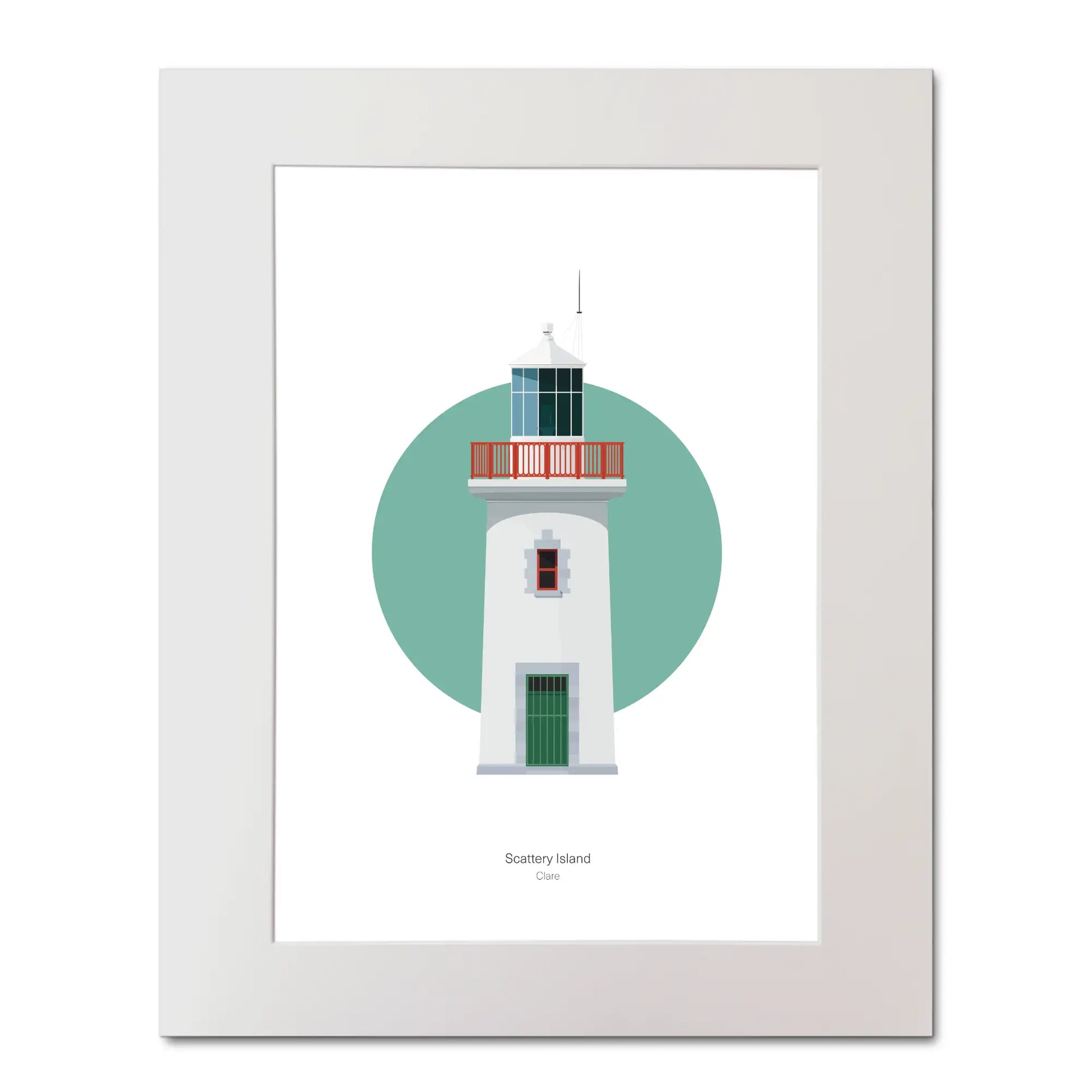 Contemporary illustration of Scattery Island lighthouse on a white background inside light blue square, mounted and measuring 40x50cm.
