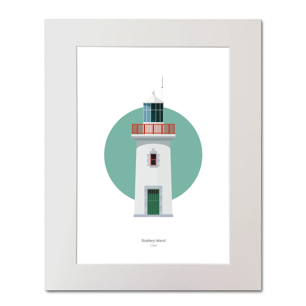 Contemporary illustration of Scattery Island lighthouse on a white background inside light blue square, mounted and measuring 40x50cm.