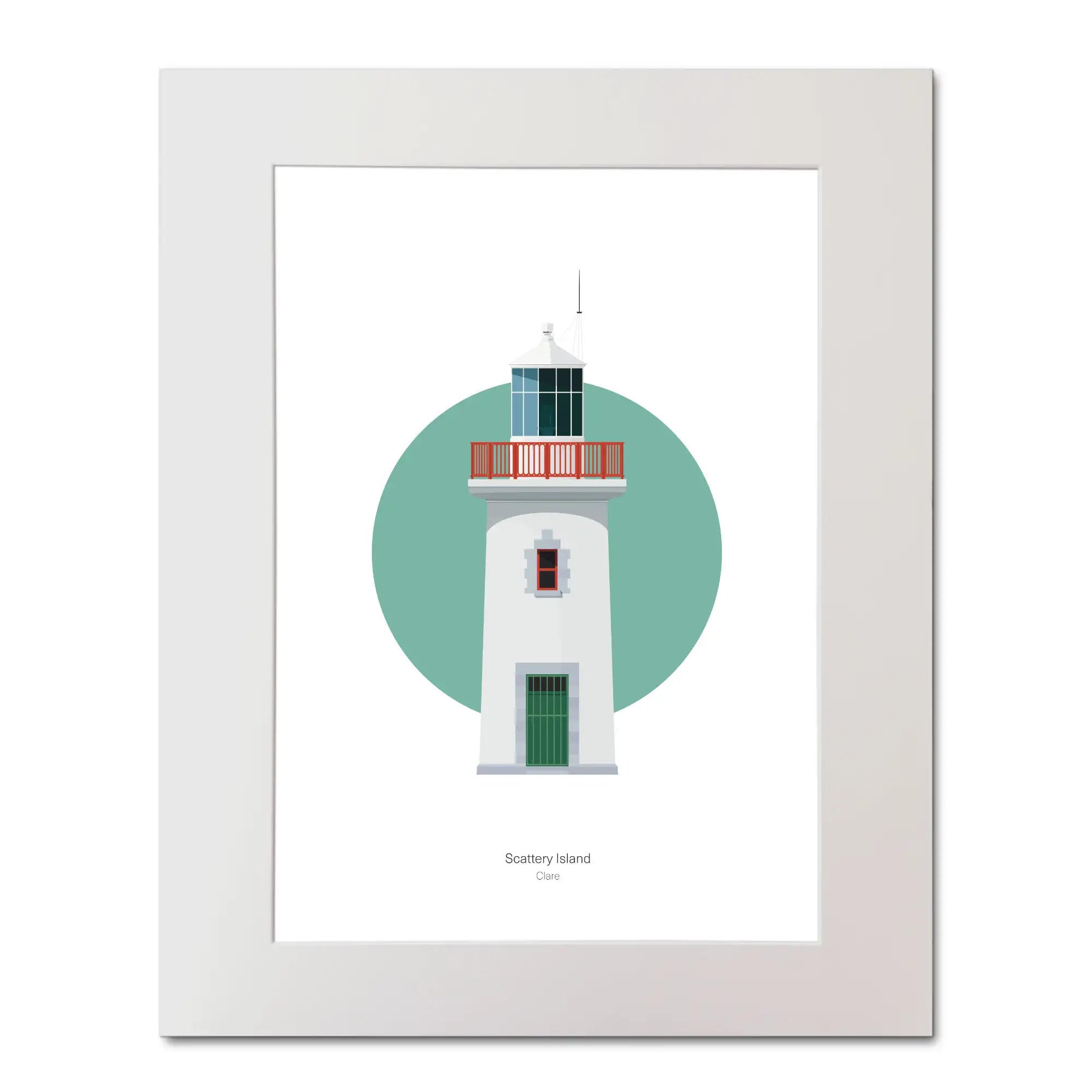 Contemporary illustration of Scattery Island lighthouse on a white background inside light blue square, mounted and measuring 40x50cm.
