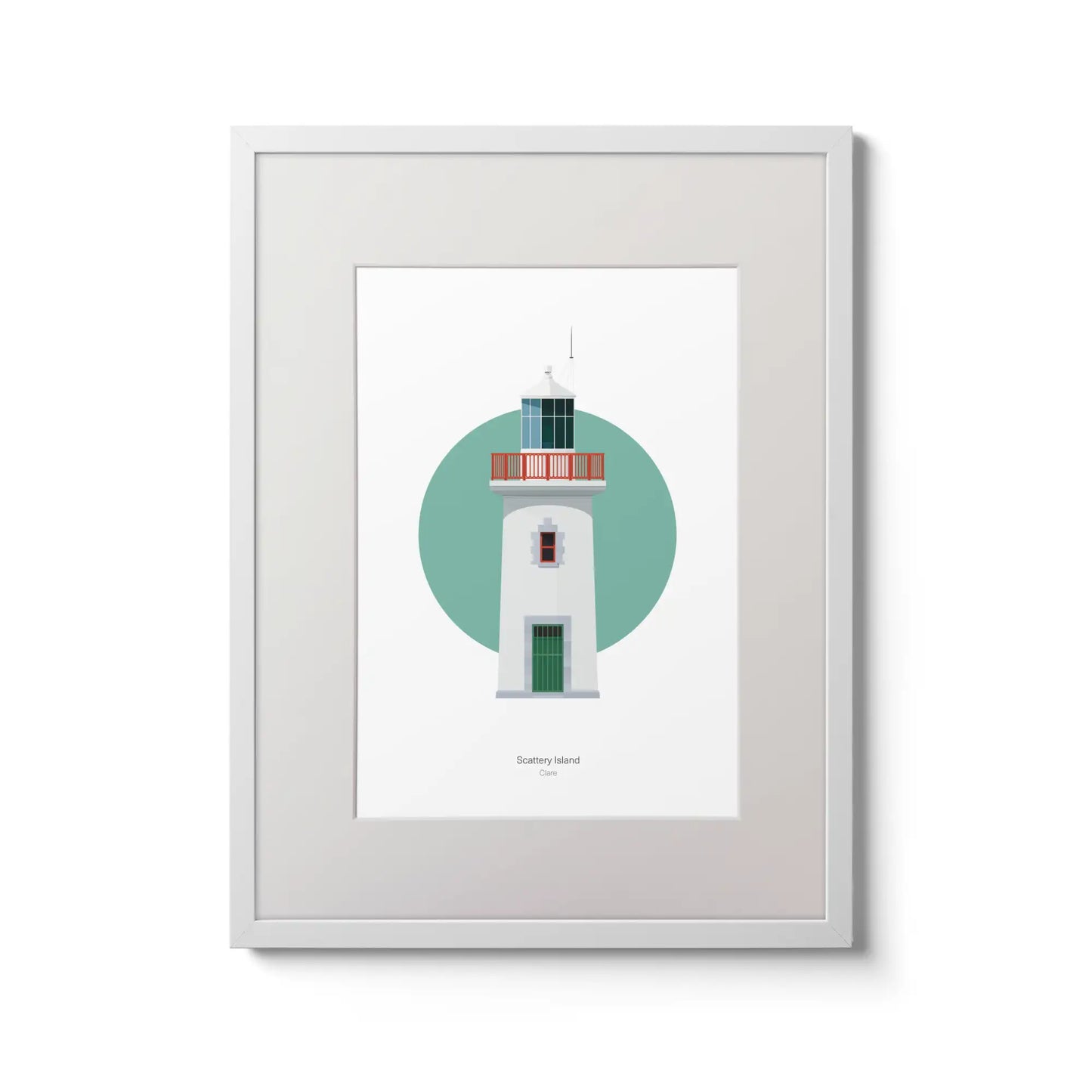 Contemporary wall art decor of Scattery Island lighthouse on a white background inside light blue square,  in a white frame measuring 30x40cm.